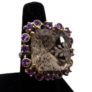 925 Sterling Silver 32 Ct. Smoky Quartz and Amethyst Bold Ring, Size 8